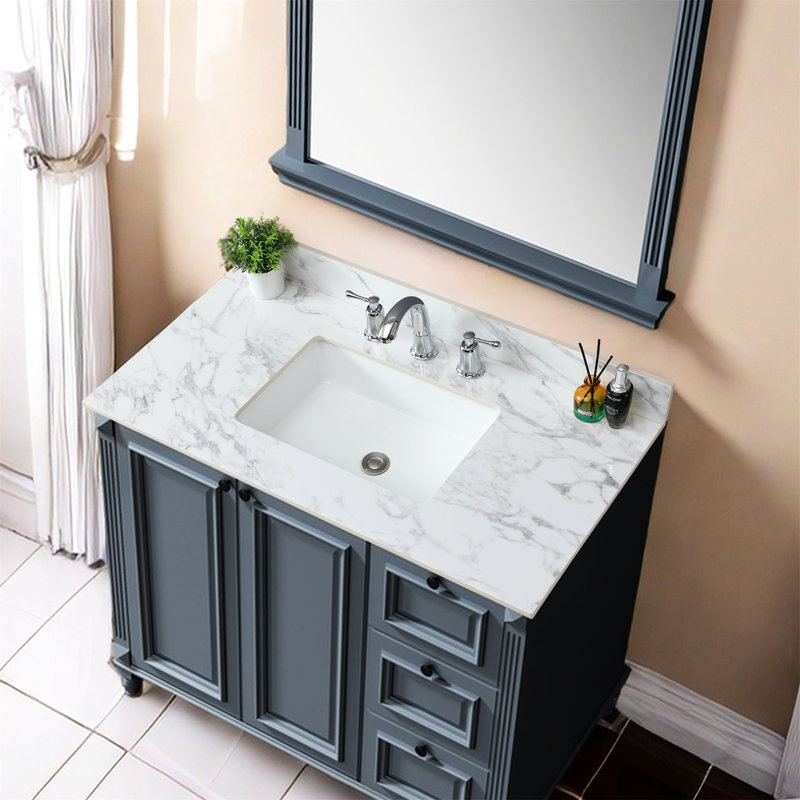Comptoir de salle de bain 43,87 "X21,35" - Pierre frittée, facile à installer et à entretenir dans un meuble-lavabo de comptoir rectangulaire en céramique blanc encastré à 3 trous de 43 po X 22 po