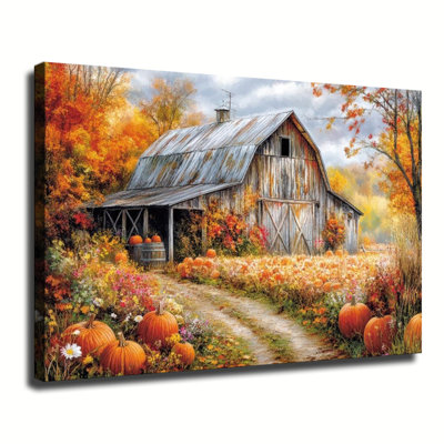 Wooden Framed Canvas Painting Artistic printing Autumn farm scene with a vintage barn surrounded by pumpkins Unique and creative wall decor