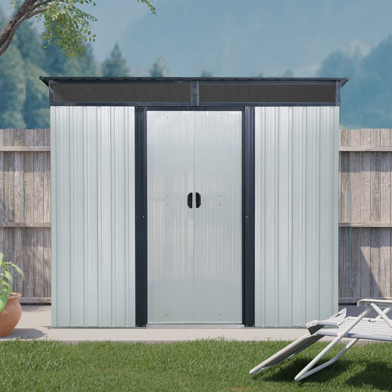 8Ft X 6Ft Outdoor Metal Storage With Lockable Sliding Doors And Transparent Plate For Garden, Lawn  (White And Black)