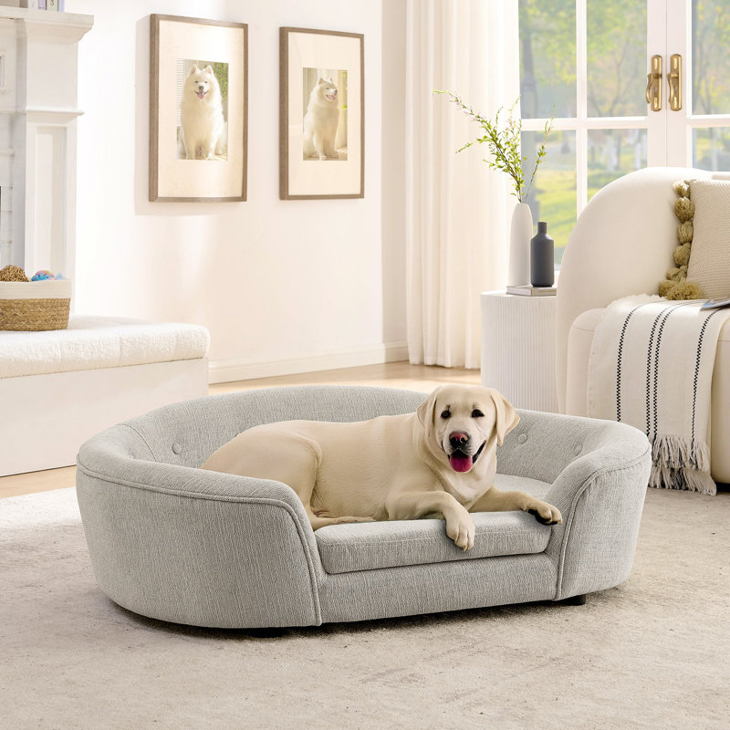 Canapé pour chien semi-fermé ovale surdimensionné surdimensionné - Matériau en lin durable, dossier capitonné à boutons, support central haut-bas et confort moelleux