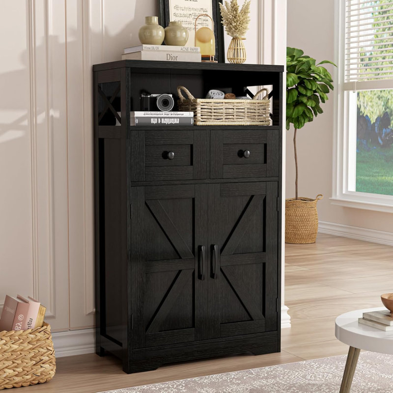 Armoire de rangement noire avec portes et tablettes