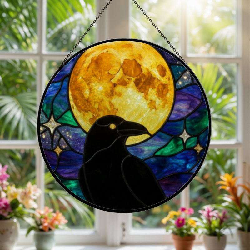 12"H Moon Raven Stained Glass Window Panel, 12" H x 12" W
