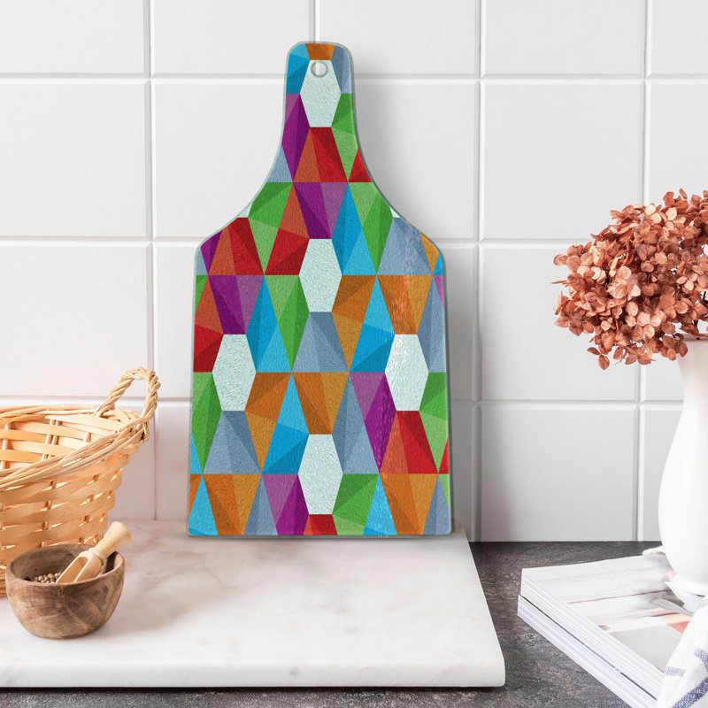 Ambesonne Colorful Tempered Glass Cutting Board Retro Mosaic Triangle Multicolor
