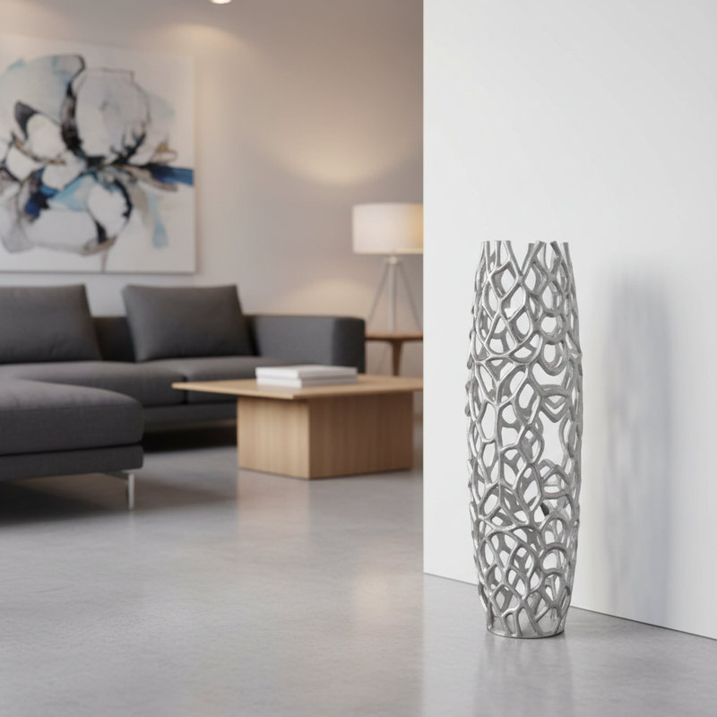 Vase de plancher Babylone Rama, H 31,5 po x l 9 po x P 9 po, Argent