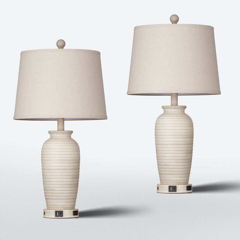 25" USB Bedside Table Lamp Set with Touch Control and Bulbs, Beige