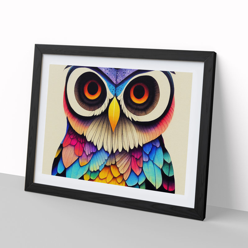 Colourful Owl Vol.2 - Single Picture Frame Painting, 25cm H x 34cm W x 2cm D, Black Framed