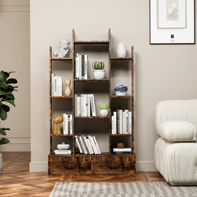 Bibliothèque avec 2 tiroirs, étagère ouverte industrielle autoportante, bibliothèque ouverte rétro, 12 tablettes de rangement, bibliothèque pour chambre à coucher, salon, bureau personnel, brun rustique