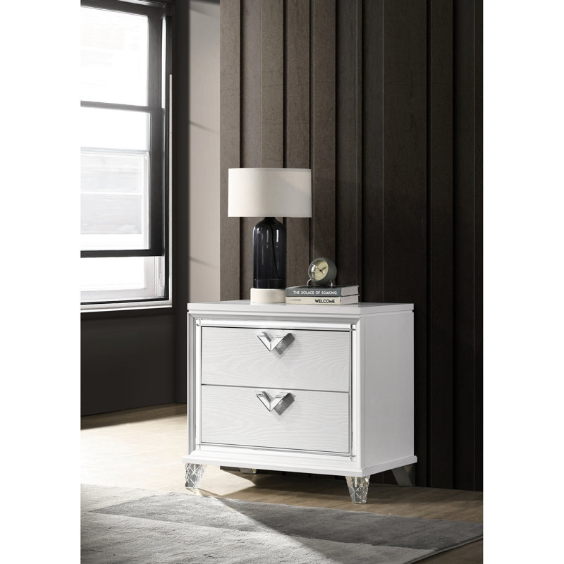 Table de chevet de chambre à coucher avec lueur à DEL, 2 tiroirs et V spécial en blanc - look moderne 2