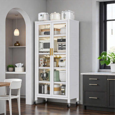 Armoire de rangement pour garde-manger de 65 po, armoire de présentation en métal à 6 niveaux avec porte transparente, tablettes et roulettes réglables, armoires garde-manger, pour la cuisine, le salon et la salle à manger, blanc