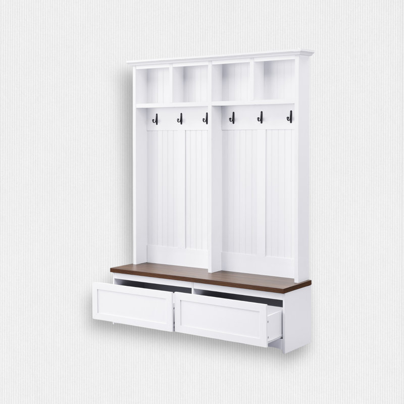 Hall Tree 55.9'' Wide with Bench, White/Walnut