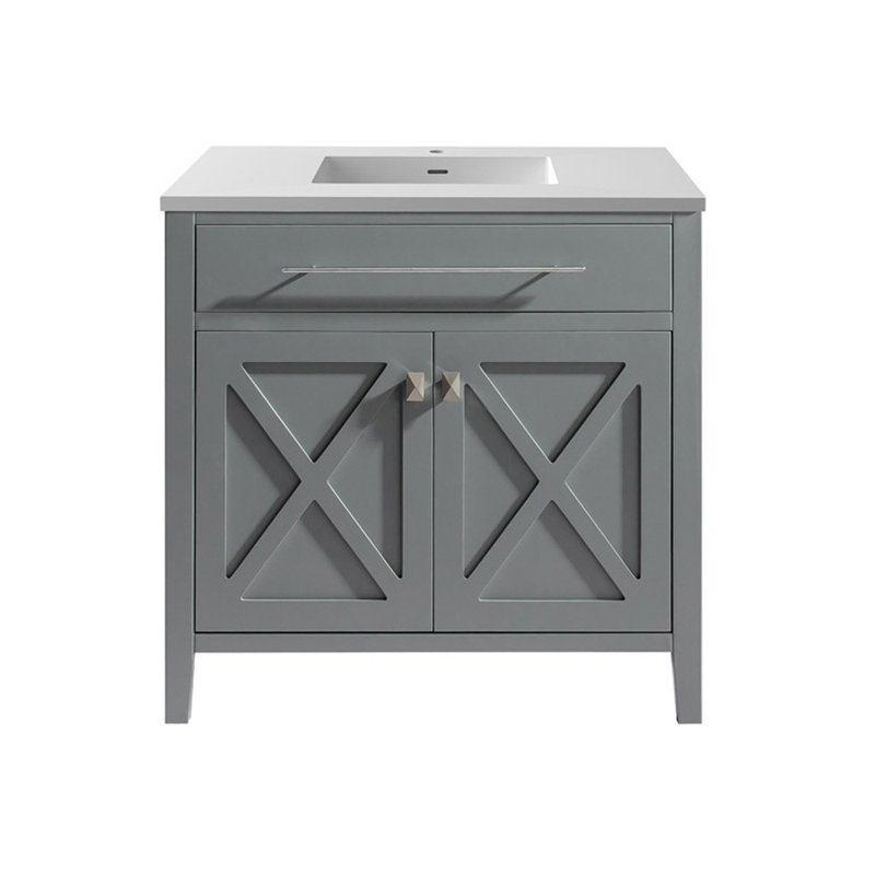 Pyles 36'' Single Bathroom Vanity with Solid Surface Top, Gray, Matte White