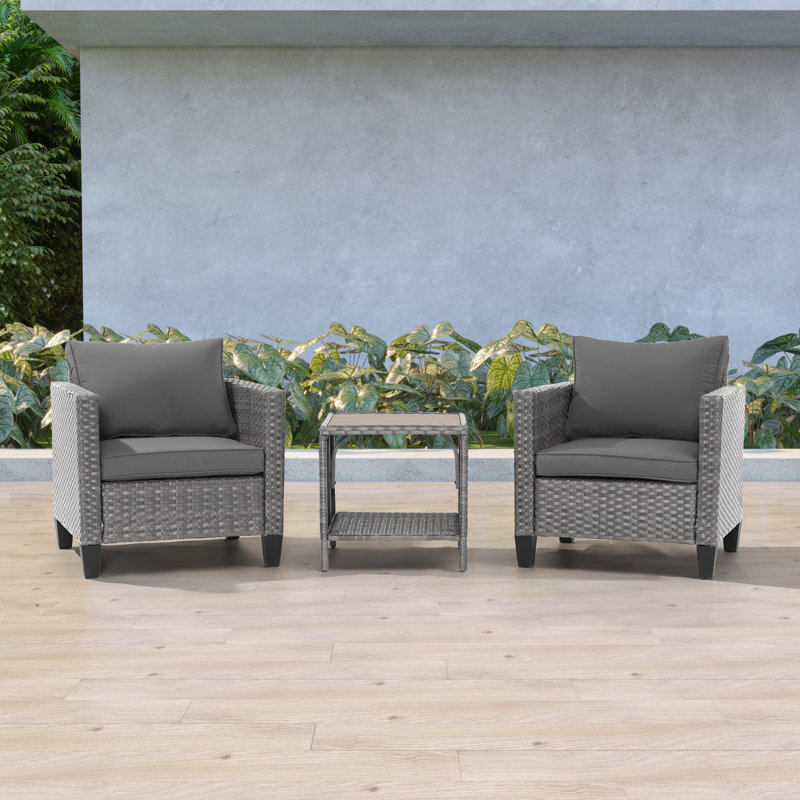 3-Set Outdoor Grey PE Wicker Furniture Wide Seat Conversation Couch Set Extra Ottomans Design for Lawn, Patio and Porch, Gray