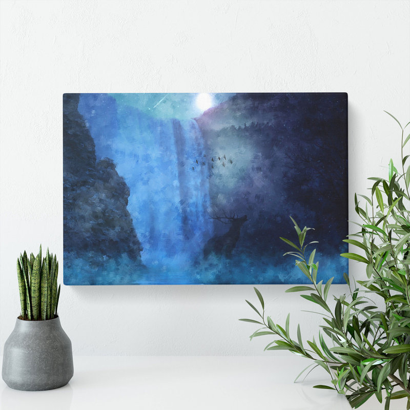 Waterfall With Stag - Wrapped Canvas, 50cm H x 76cm W x 3cm D