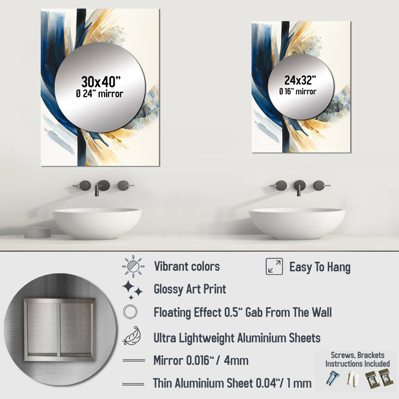 Blue And Gold Swirl Abstract IV - Abstract Spirals Large Mirror, Modern Unique Wall Mirror Decor, Printed Metal Art
