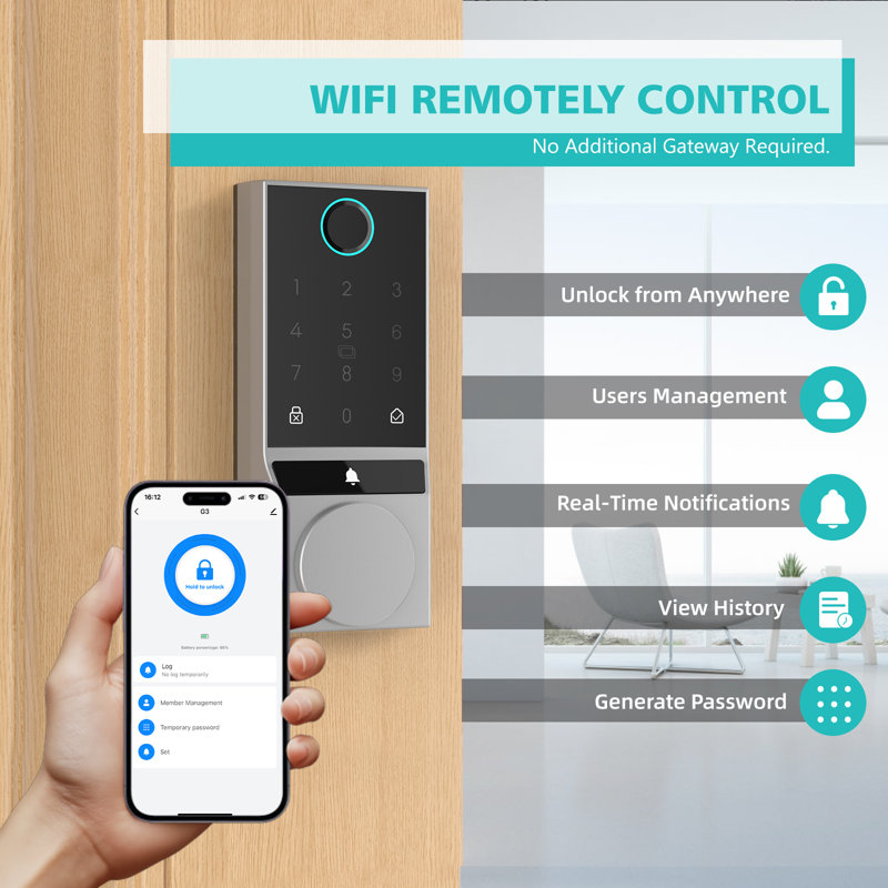 WIFI Smart Lock, Fingerprint Keyless Entry Door Lock with Doorbell, Front Door Smart Lock, Silver