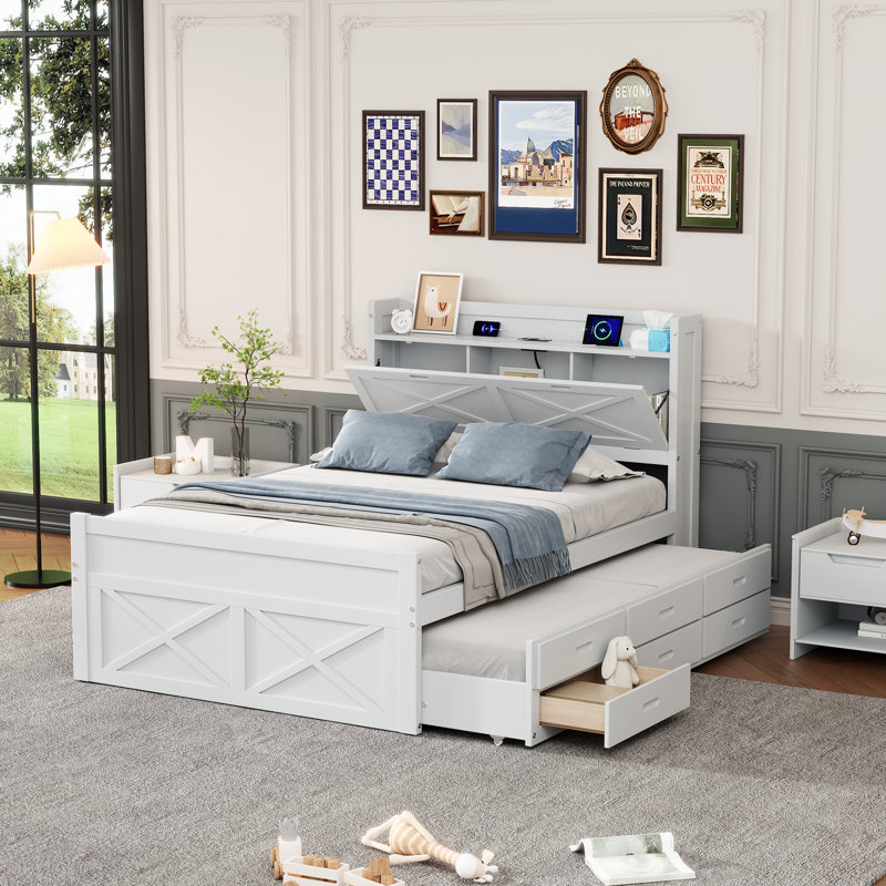 Lit double en bois avec tête de lit avec prises de courant, lit extensible avec lit gigogne simple avec trois tiroirs de rangement, blanc