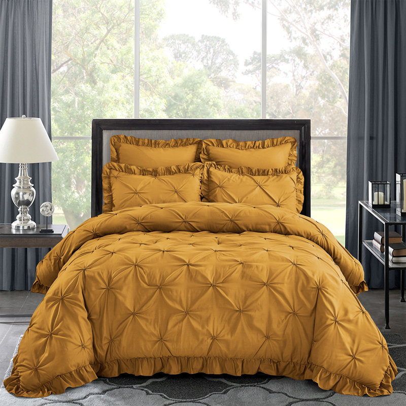 5 Piece Romantic Princess Pintuck Comforter Set, Queen Comforter + 4 Standard Shams, Mustard