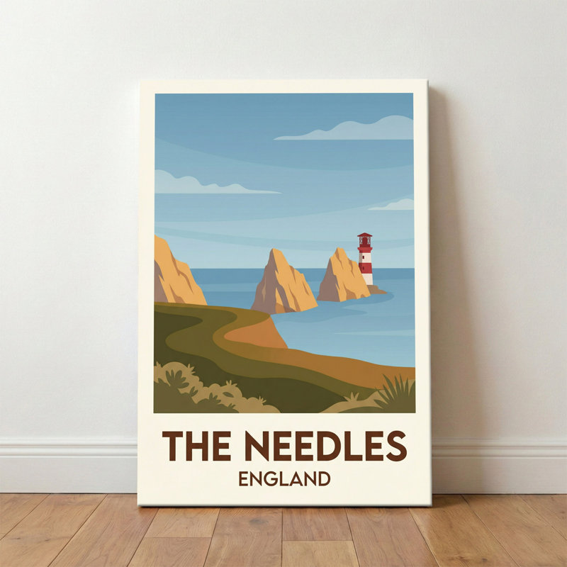 The Needles, England - Romantic Coastal Travel Poster of Isle of Wight Chalk Stacks and Lighthouse. Giclee Print on Wrapped Canvas. Wall Art, Home Decor - Natural Landmarks, England 1 Piece Wrapped Canvas Wall Art