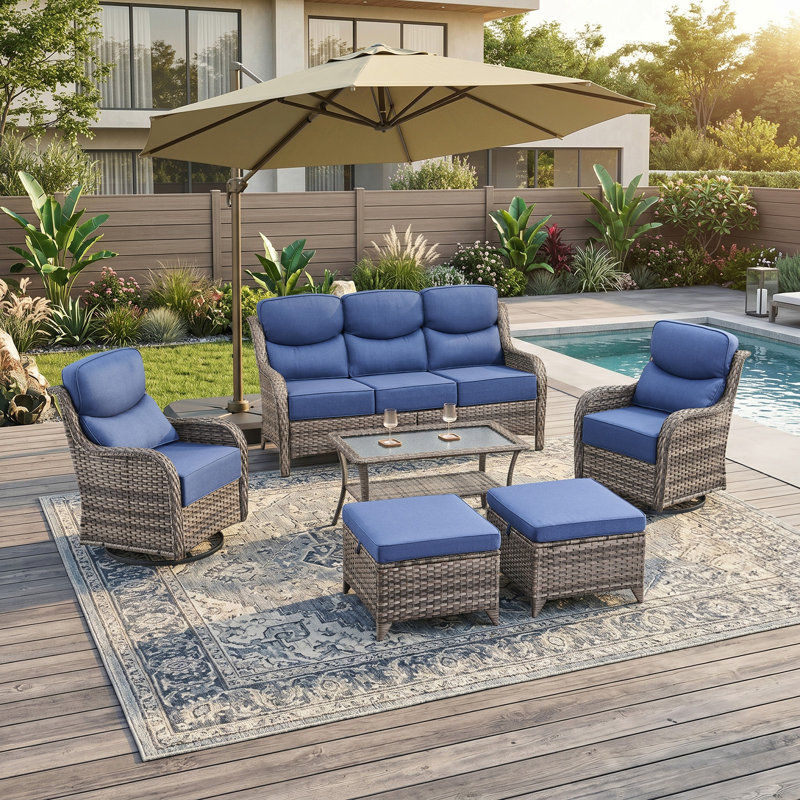 Wickes Haven 6-Pieces PE Wicker Outdoor Patio Conversation Set With 6" Thickness Cushions, Blue, Gray