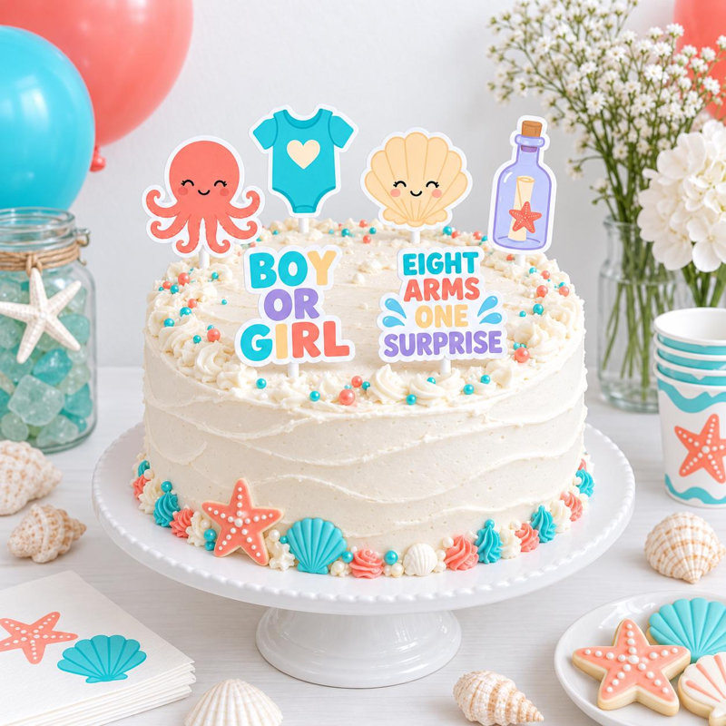 Décorations de gâteau « Huit bras, une surprise » pour révélation du sexe du bébé : pieuvres, figurines en carton sur le thème de l’océan (garçon ou fille), ensemble de 6