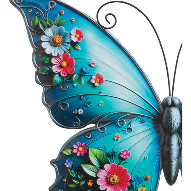 Décoration murale papillon en verre et métal 20 po Garden Vibe, Blue Floral, Grand