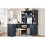 Bureau d'ordinateur antique en forme de L bleu avec 2 armoires, tiroirs, 11 tablettes, 1 tablette rabattable et prise de courant pour un travail confortable dans des tablettes ouvertes