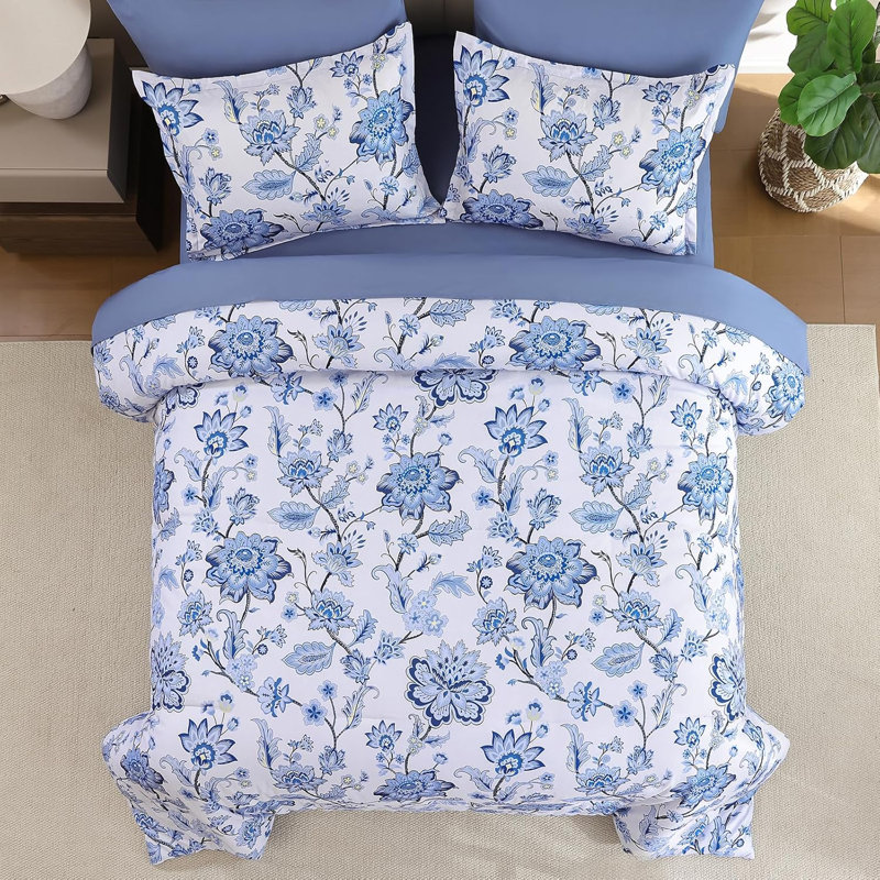 Ensemble d'édredon floral grand lit 7 pièces dans un sac Floral, ensemble de literie à motif cachemire bleu, édredon léger et doux avec ensemble de draps 90 po x 90
