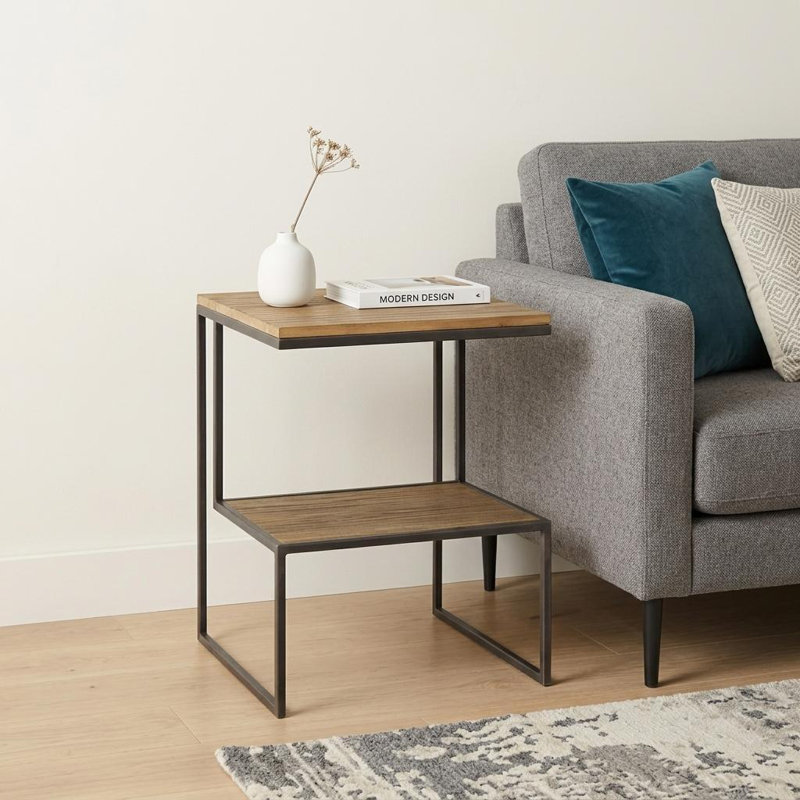  Transitional 21" Brown and Black Solid Wood Iron Sled End Table with Shelf