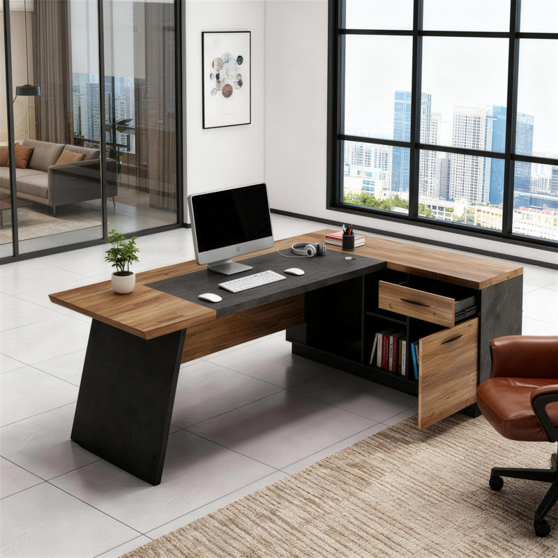 78.74In Left L-Shaped Executive Desk With Drawers & Shelves Large Office Desk With Storage Computer Corner Desk For Home Office