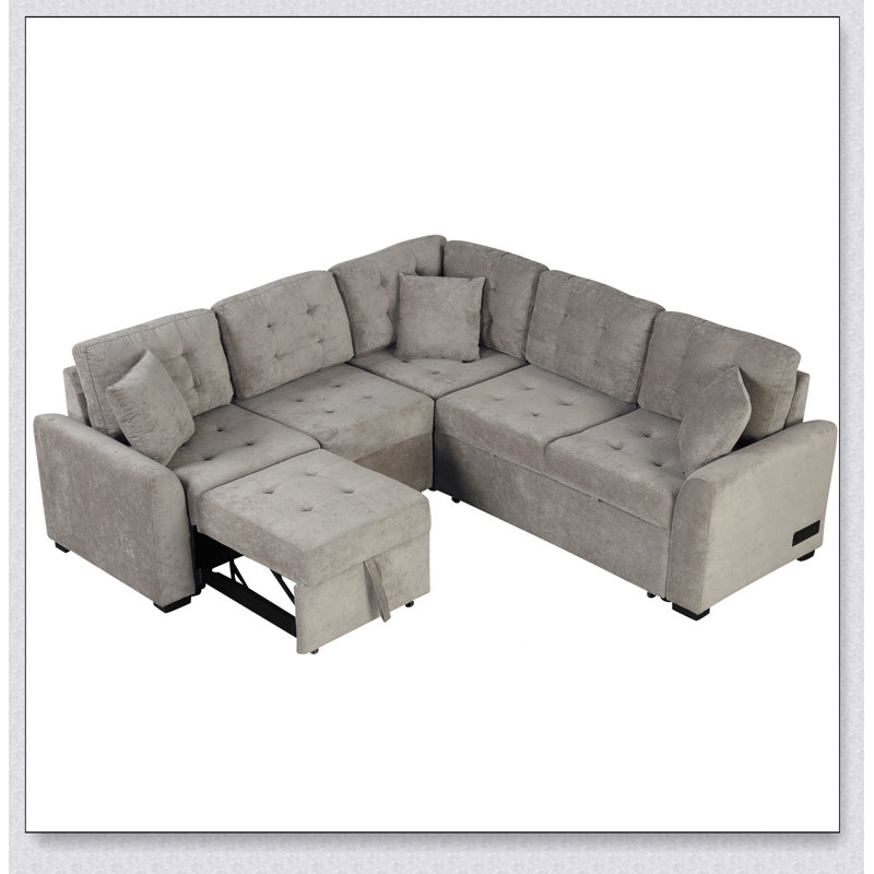 82.6 Inch L-Shape Sofa Bed with Pull-Out Sleeper, USB Ports, Power Sockets, and Wheels for Enhanced Comfort and Functionality
