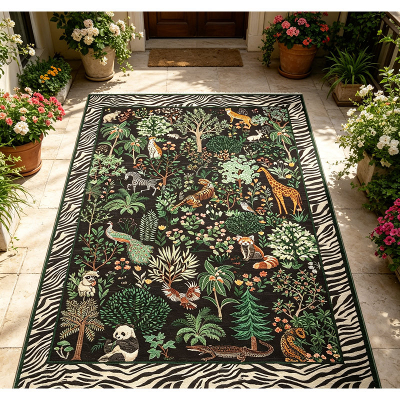 Washable Rug Animal Rug for Living Room, Forest Jungle Carpet with Non Slip TPR Backing, Low Pile Non Shedding Floor Covering, Soft Thin Foldable Printed Mat for Nursery Playroom