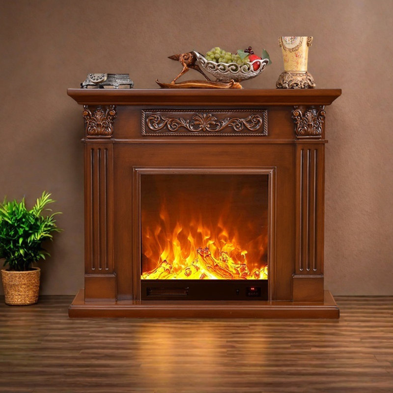 Three-dimensional carving craft fireplace, 40.15" H x 47.24" W x 12.99" D, Brown