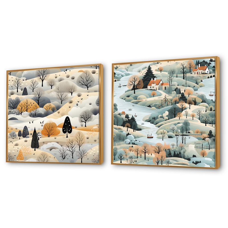 Winter Winter Scandinavian Landscape II - ensemble de 2 collage de paysage carré, Cadre flottant doré, H 36 po x l 73 po