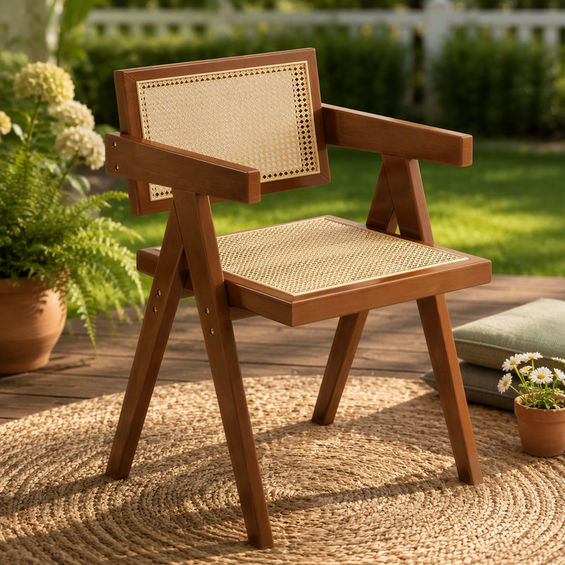 Chaise de salle à manger moderne Mid-Century avec accents en rotin, accoudoirs confortables, idéale pour une utilisation intérieure et extérieure dans diverses pièces
