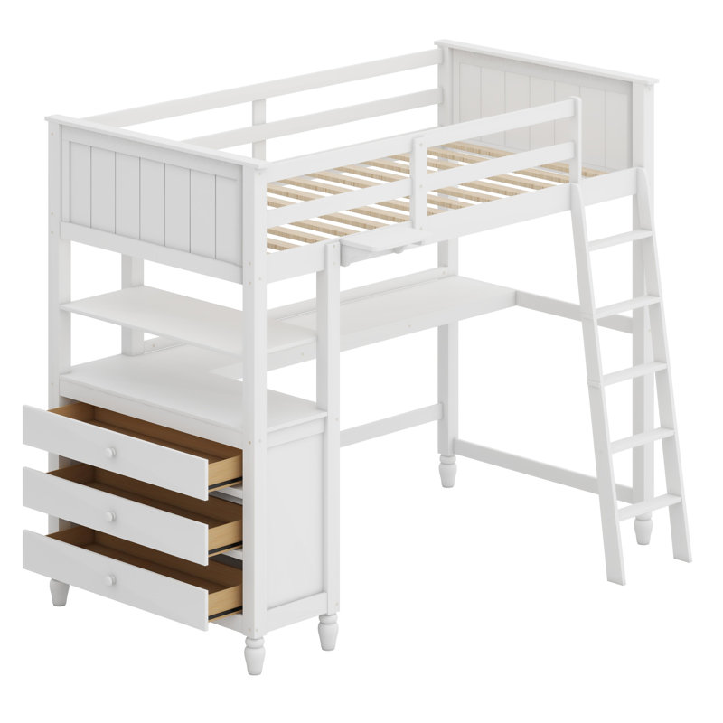 Lit mezzanine multifonctionnel avec bureau d'étude, tiroirs intégrés et tablettes de présentation, Blanc
