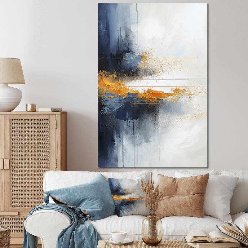 Tempête de marbre bleu et jaune VI - art mural abstrait, Toile tendue, H 60 po x l 40 po x P 1,5 po
