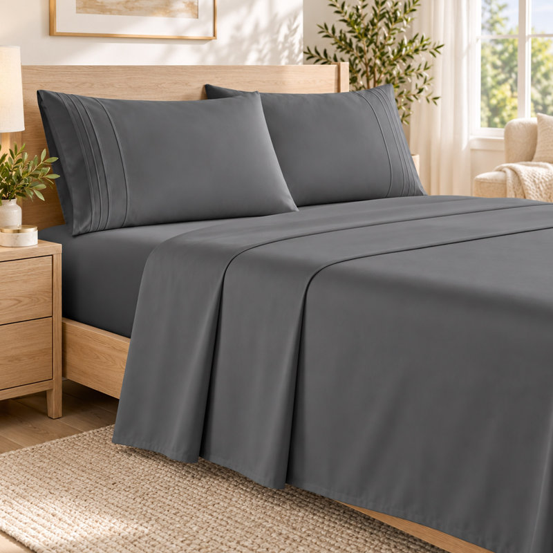 Ensemble de draps 4 pièces en microfibre brossée avec poche profonde de 16 po, gris foncé, Queen Sheet Set with 2 Pillowcases
