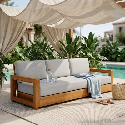 3-Person Solid Wood Patio Sofa With Cushions