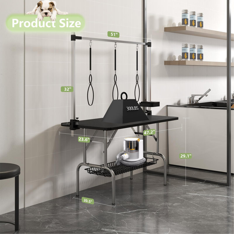 Grande table de toilettage pour chien 47 po en acier inoxydable pliable pour chiens à la maison, Black/Silver