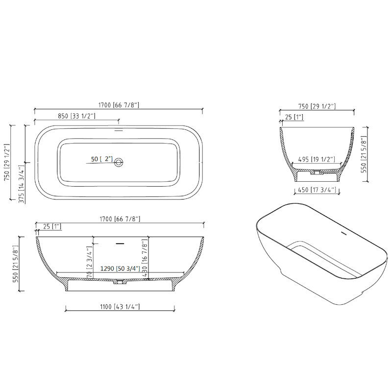 67'' x 29.5'' Freestanding Soaking Solid Surface Bathtub