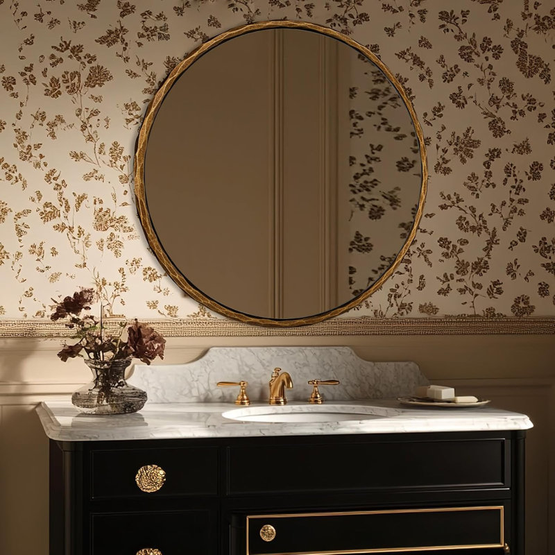 Vintage Round Bathroom Vanity Mirror | Hand-Hammered Iron Frame, 30" x 30", Forged Brass