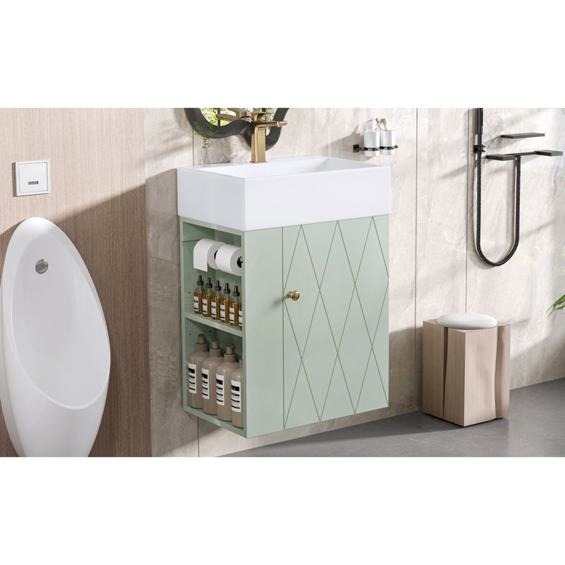 Meuble-lavabo compact de 50 cm avec lavabo en céramique lisse, porte à rainures en losange, poignée dorée et porte-serviettes - Idéal pour les petites salles de bain. Porte de salle de bain de 50 cm, rangement latéral doré, installation facile.