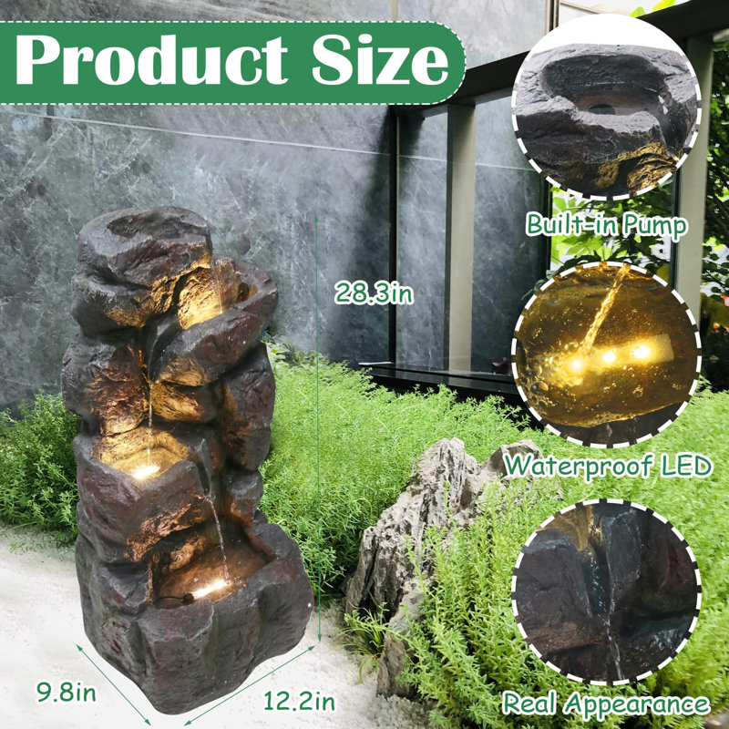 4-tiers Cascading Bowls Faux Rock Outdoor Freestanding Water Fountain With LED Lights