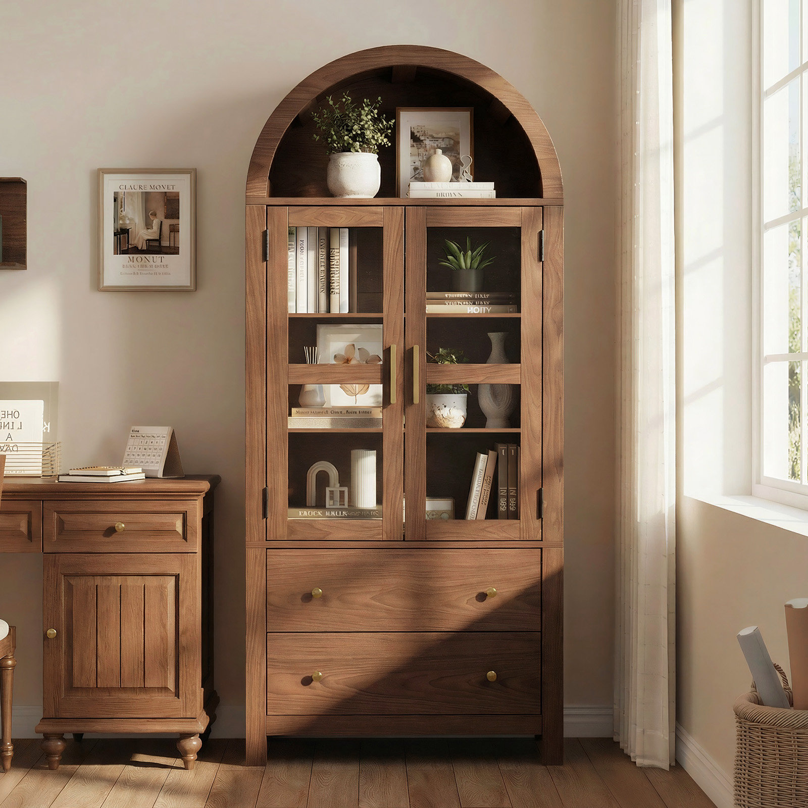 71" Tall Arched Cabinet, Modern Farmhouse Wood Storage Cabinets with 2 Large Drawers and Adjustable Shelves