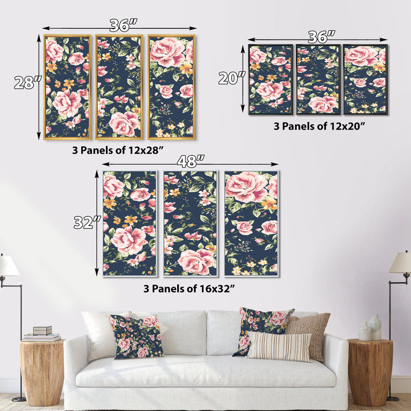 «Vintage Roses On Dark Blue II», ensemble de 3 reproductions d'art encadrées sur toile, Noir, H 28 po x l 36 po x P 1 po
