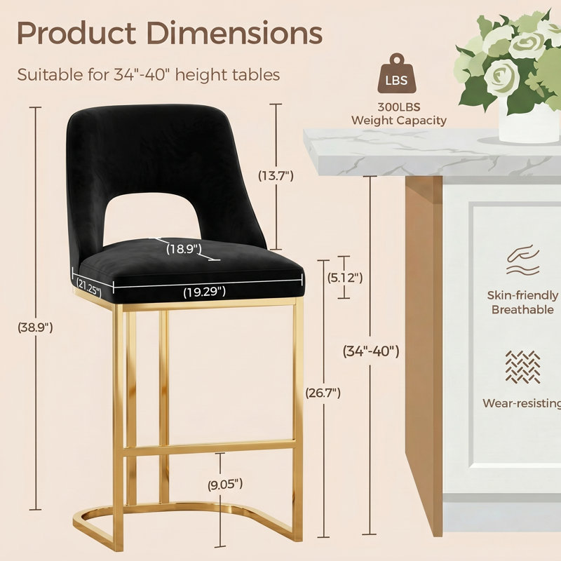  Tabouret de bar moderne à hauteur de comptoir avec structure en métal 26,7 po Alassane, Black/ Gold