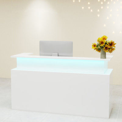 Bureau de réception blanc 71 pouces, comptoir de caisse avec lumières à DEL RVB, comptoir de réception pour 2 personnes pour bureau à domicile, salon de coiffure, salon de beauté