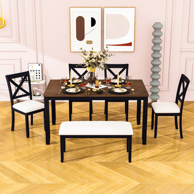 Ensemble de table de salle à manger 6 pièces en bois avec chaises rembourrées et banc