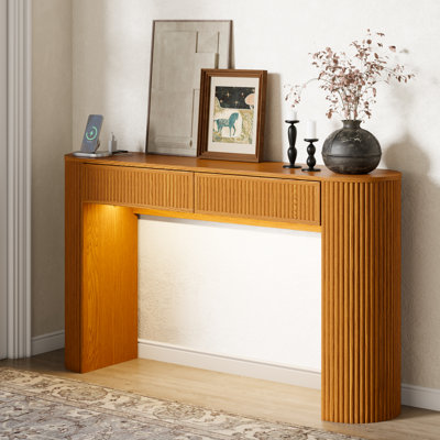 55'' Tambour Console Table with Oval Tabletop, 2 Hidden Drawers, LED Lights & Charging Station for Living Room, Hallway, Foyer & Entryway