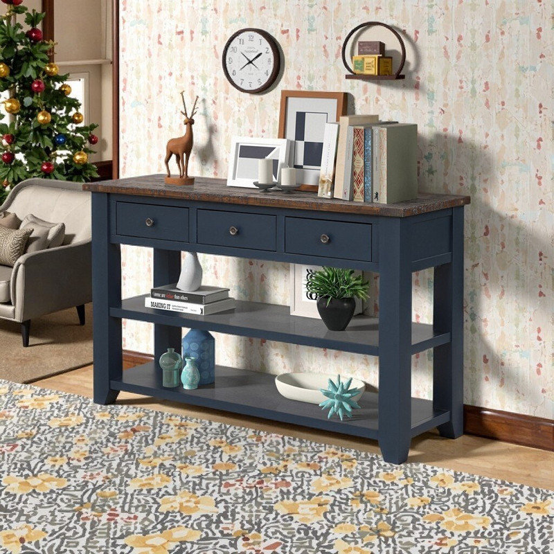 Console en bois de pin massif 48 po avec 3 tiroirs et 2 tablettes Stante, Marine